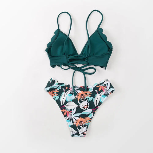 Cute Green Floral Scalloped Bikini Sets Women Swimsuit - Onuvéa