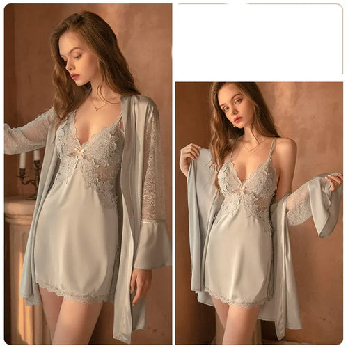 Deep V Lace Satin Nightdress Loungewear Set - Onuvéa