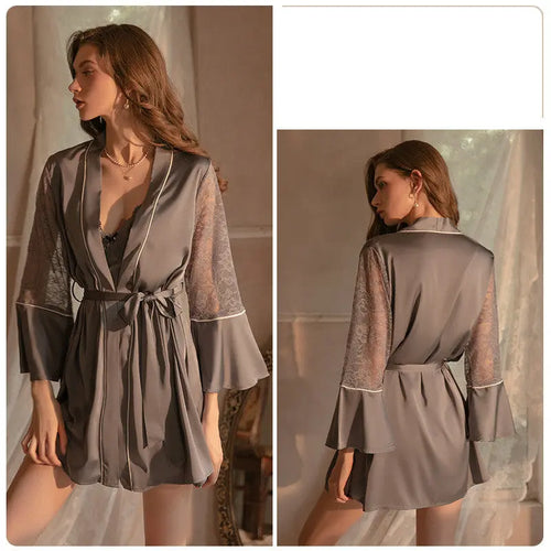 Deep V Lace Satin Nightdress Loungewear Set - Onuvéa