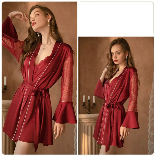 Deep V Lace Satin Nightdress Loungewear Set - Onuvéa