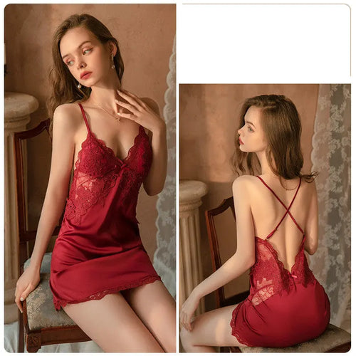 Deep V Lace Satin Nightdress Loungewear Set - Onuvéa