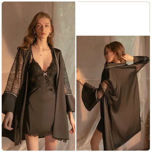 Deep V Lace Satin Nightdress Loungewear Set - Onuvéa